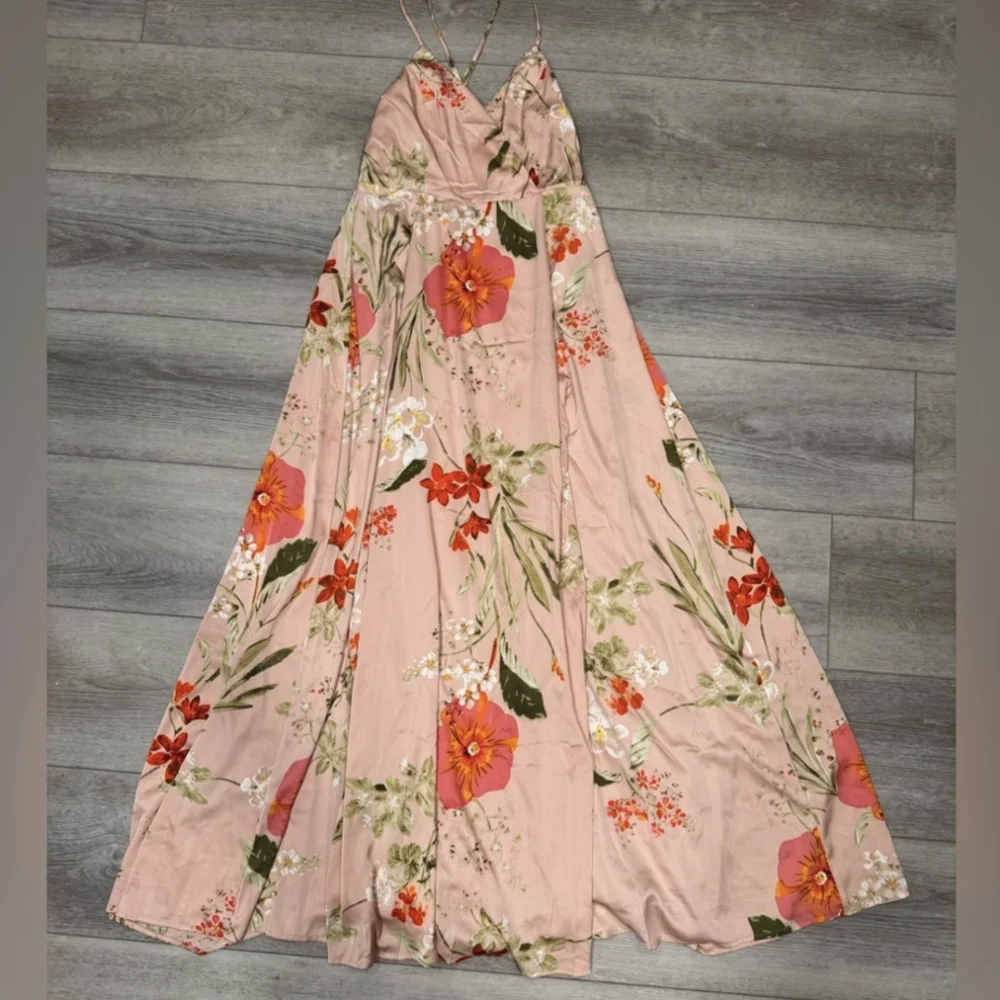 Lulus Still The One Blush Pink Floral Print Satin Maxi Dress - Size L - Picture 5 of 7